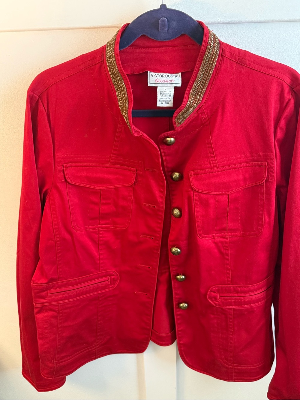 Victor Costa Red Military-Inspired Jacket with Gold Trim